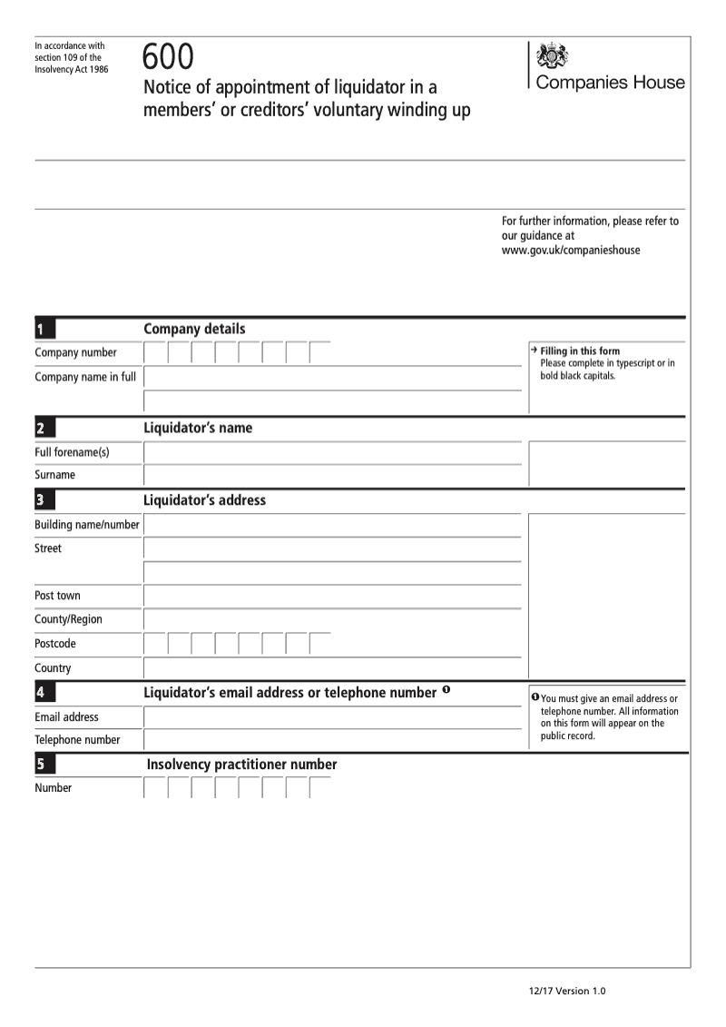 600 Notice of appointment of liquidator Voluntary winding up Member or Creditors Pursuant to section 109 of the Insolvency Act 1986 preview