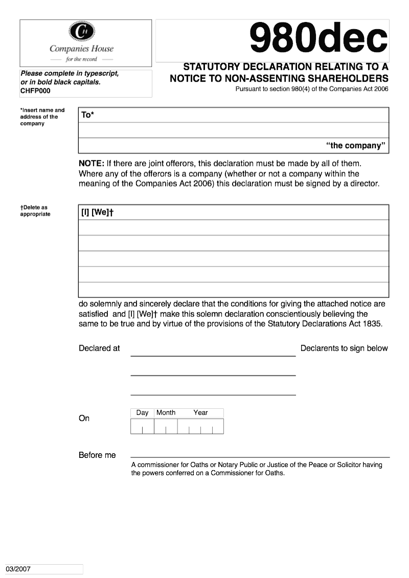 980dec Statutory declaration relating to a notice to non assenting shareholders Pursuant to section 980 4 of the Companies Act 2006 preview