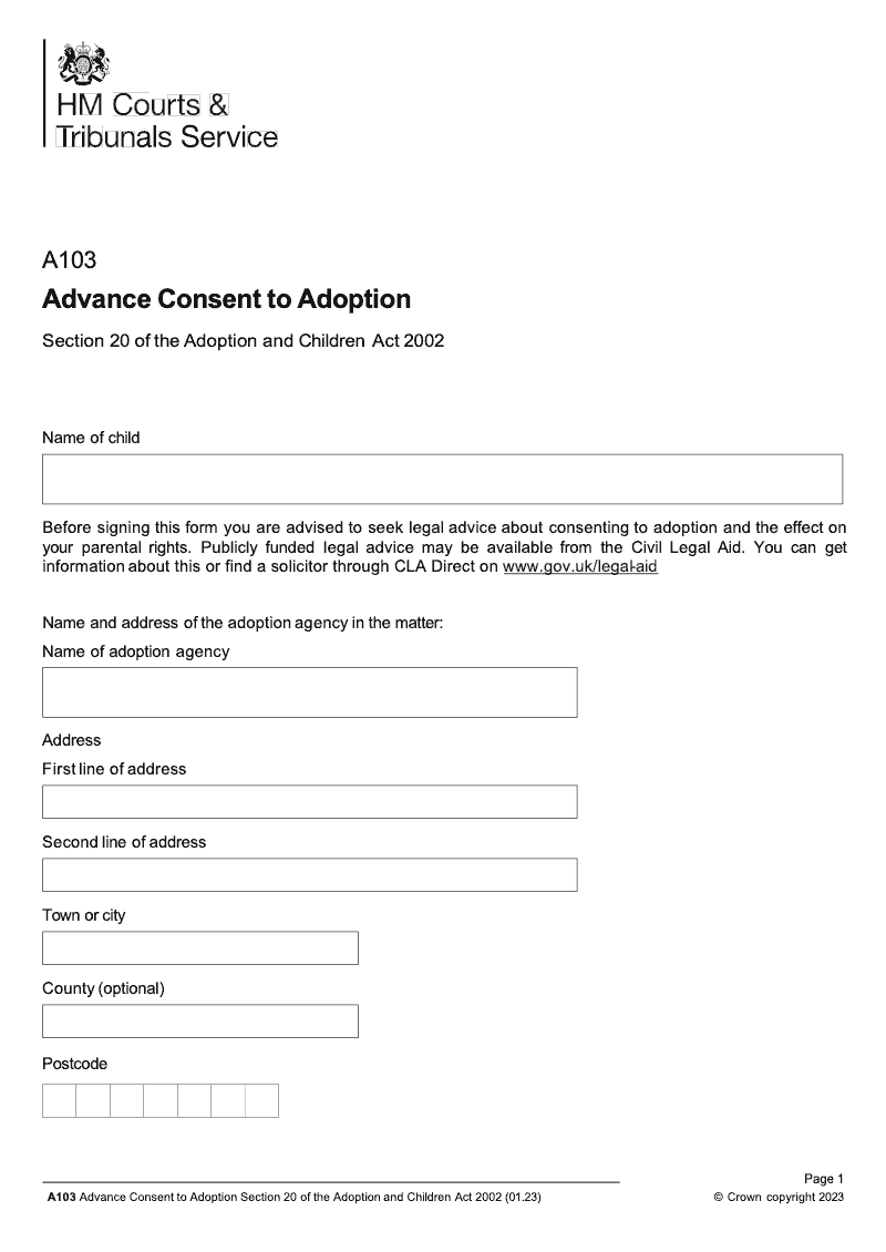 A103 Advance Consent to Adoption Section 20 of the Adoption and Children Act 2002 preview