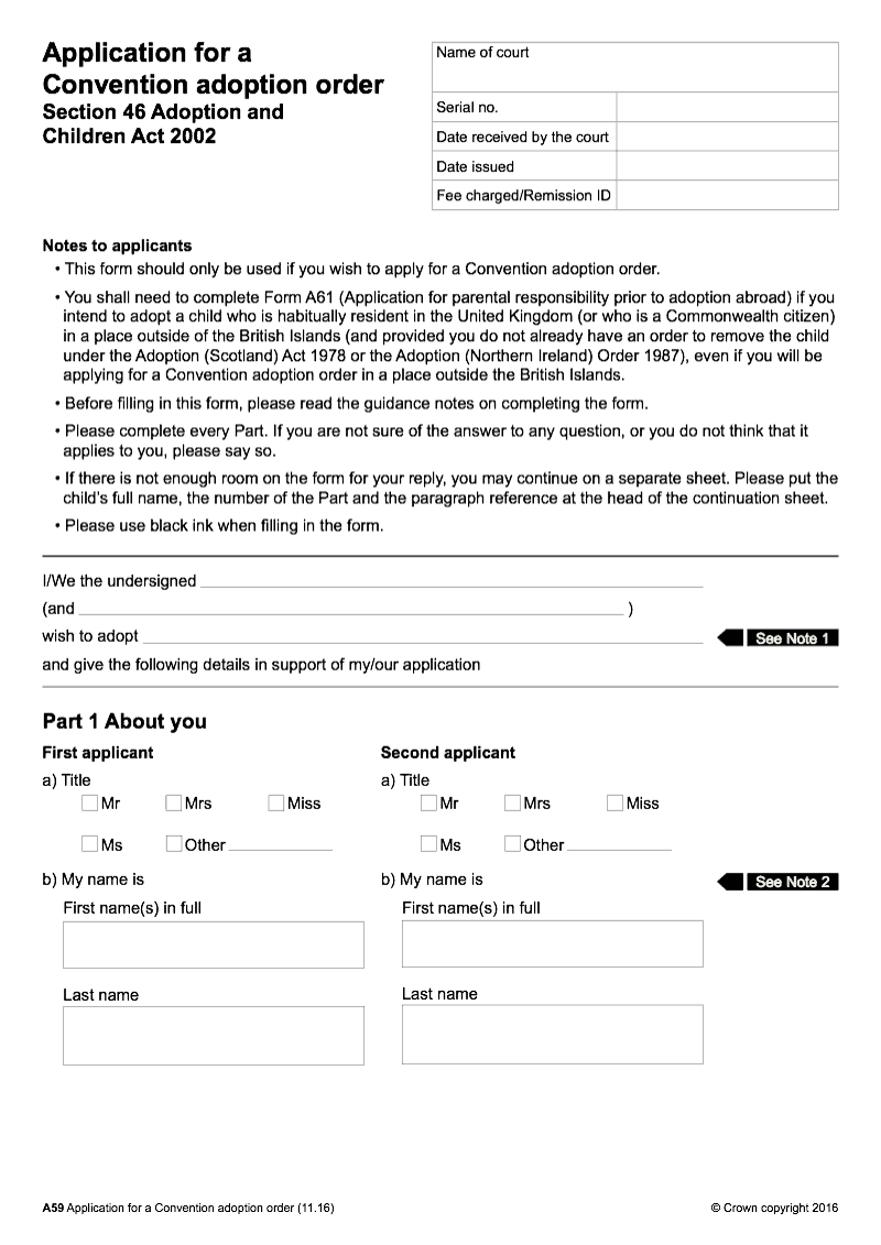 A59 Application for a convention adoption order Section 46 Adoption and Children Act 2002 preview