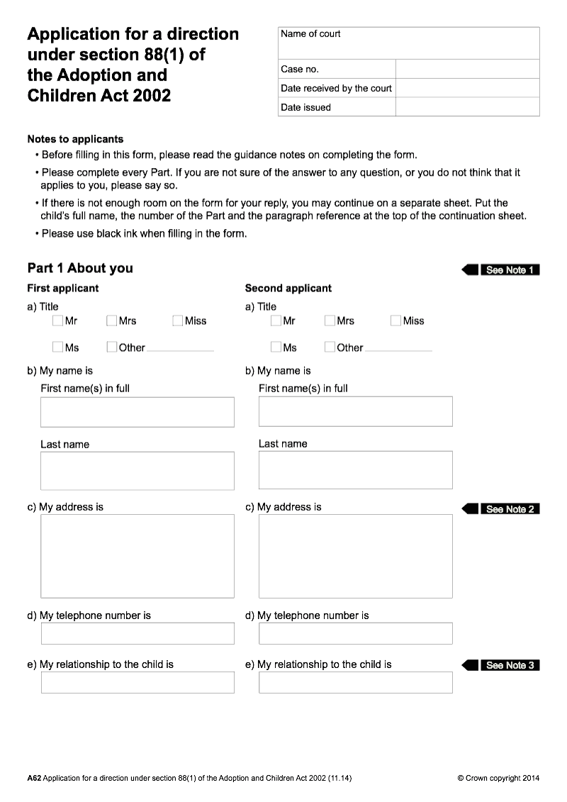 A62 Application for a direction under section 88 1 of the Adoption and Children Act 2002 preview