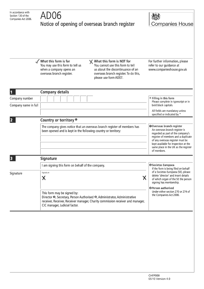 AD06 Notice of opening of overseas branch register Section 130 preview