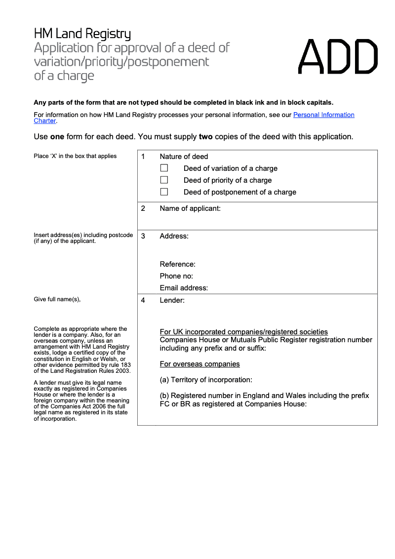 ADDX Application for approval of a deed of variation priority postponement of a charge Word Version preview