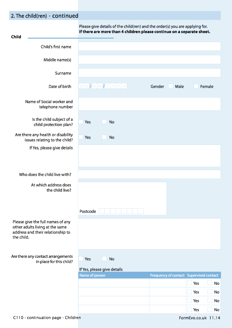 C110 C1 Continuation page additional children Form C110 Application under the Children Act 1989 for a care or supervision order preview