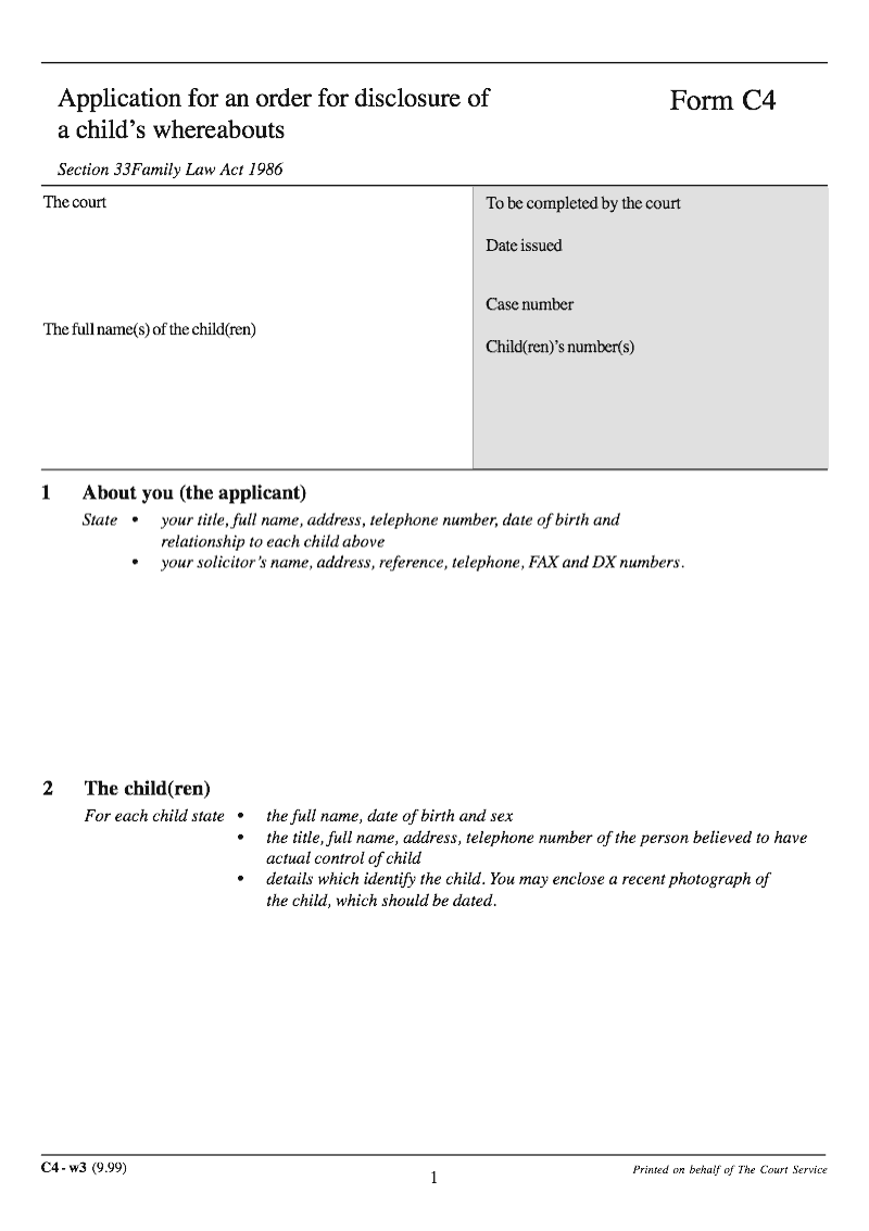 C4 Application for an order for disclosure of a child s whereabouts Section 33 Family Law Act 1986 preview