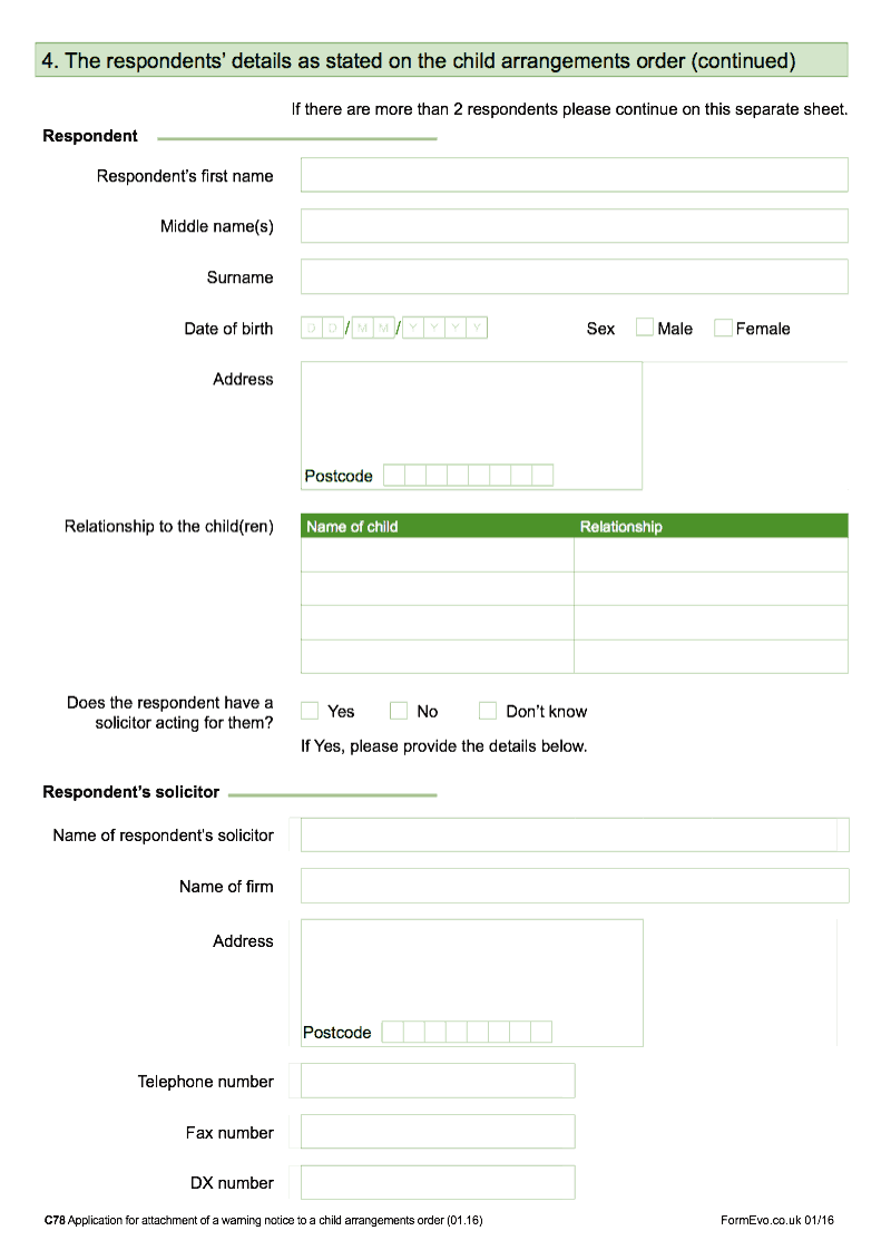 C78 Continuation Page 2 Continuation page additional respondents Form C78 Application for attachment of a warning notice to a child arrangements order preview