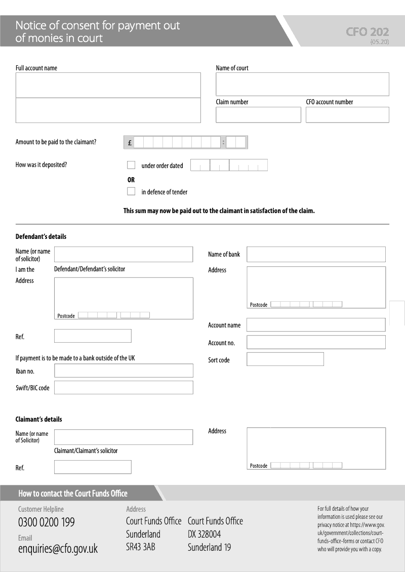 CFO 202 Notice of consent for payment out of monies in court preview