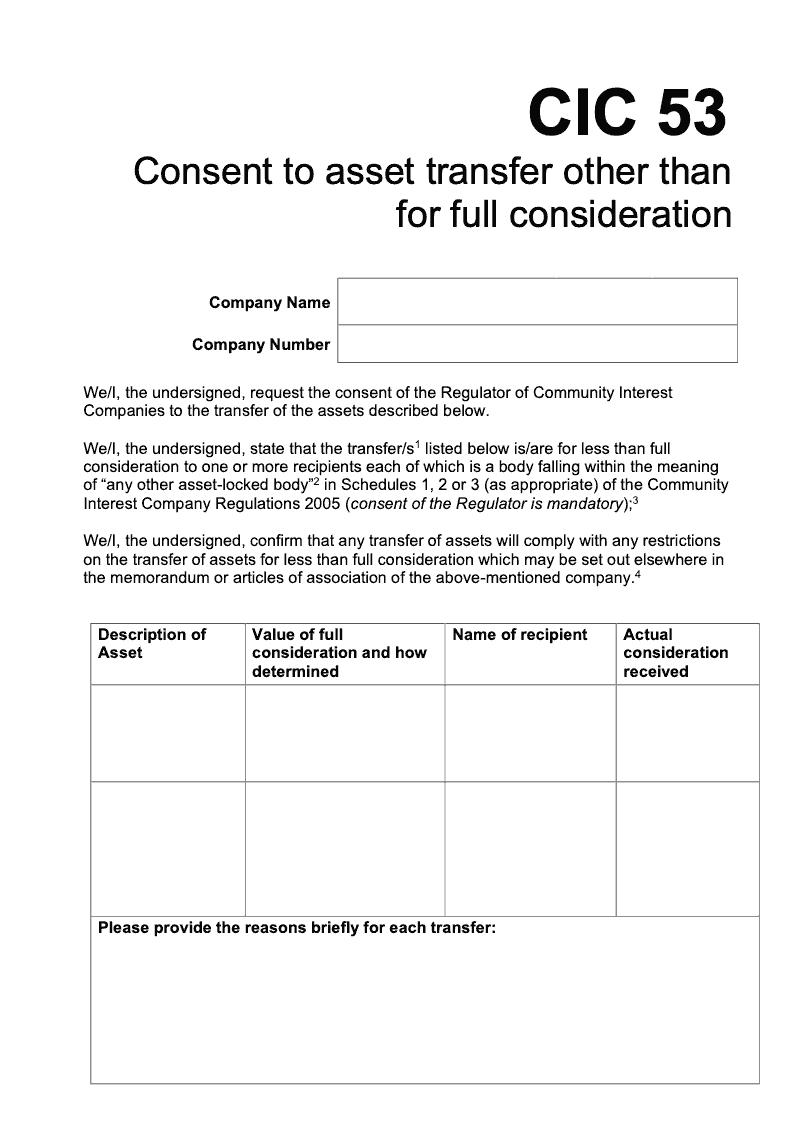 CIC53 Consent to asset transfer other than for full consideration preview