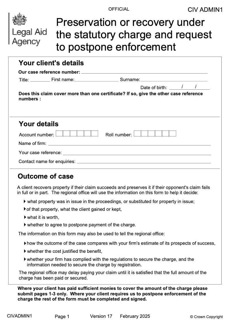 CIV ADMIN1 Preservation or recovery under the statutory charge and request to postpone enforcement preview