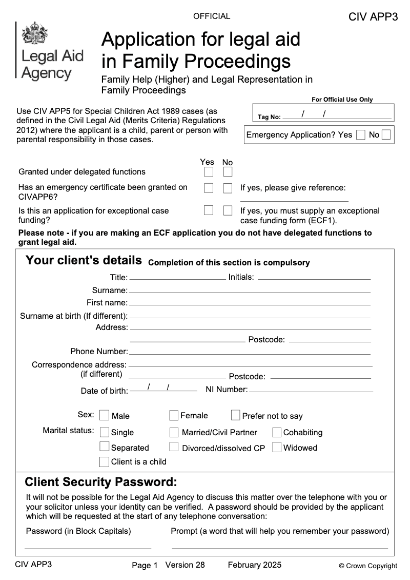 CIV APP3 Application for legal aid in Family Proceedings Family Help Higher and Legal Representation in Family Proceedings preview