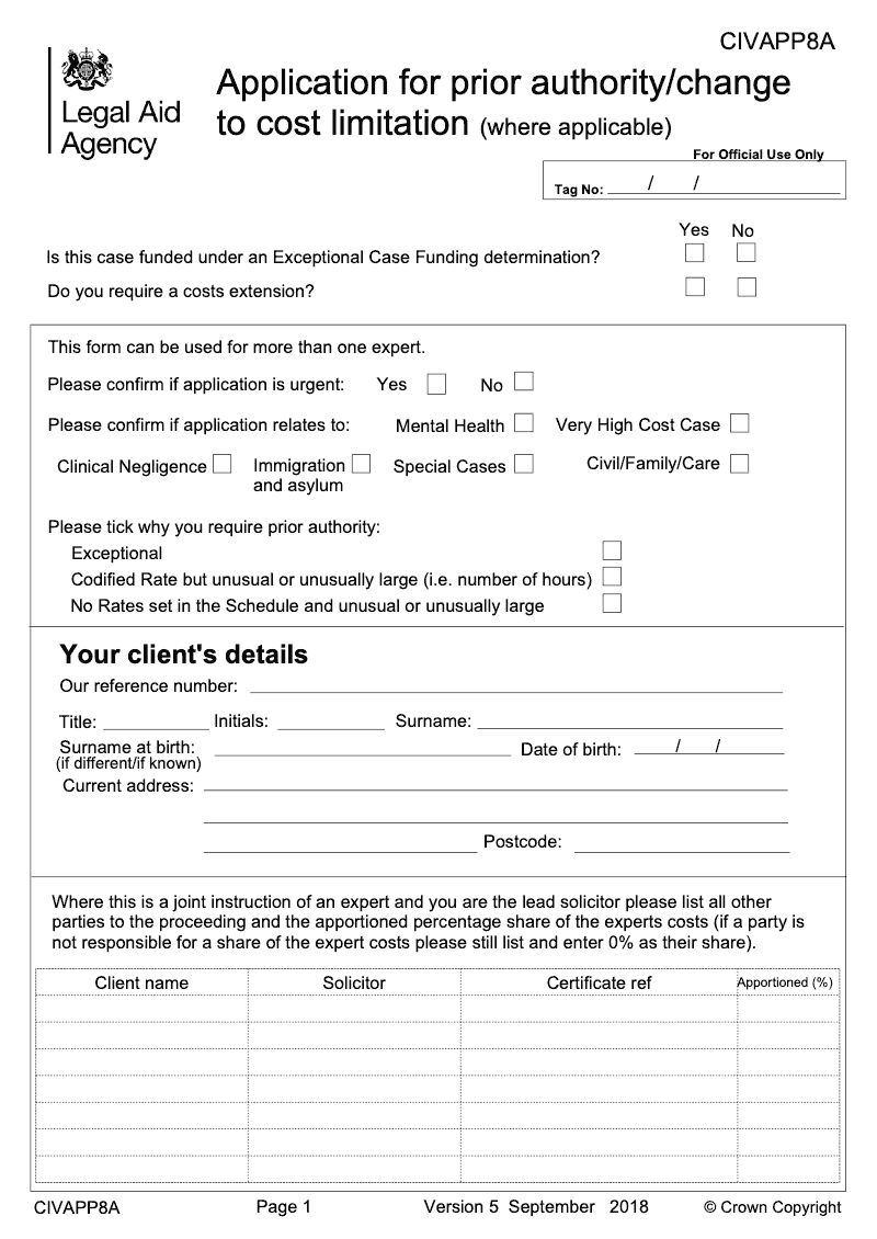 CIV APP8A Application for prior authority change to cost limitation preview