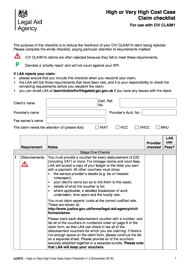 CIV CLAIM1 v HCC Checklist High or Very High Cost Case Claim 1 checklist for use with CIV CLAIM1 Claim for assessment of costs or payment of costs following detailed assessment in civil cases preview