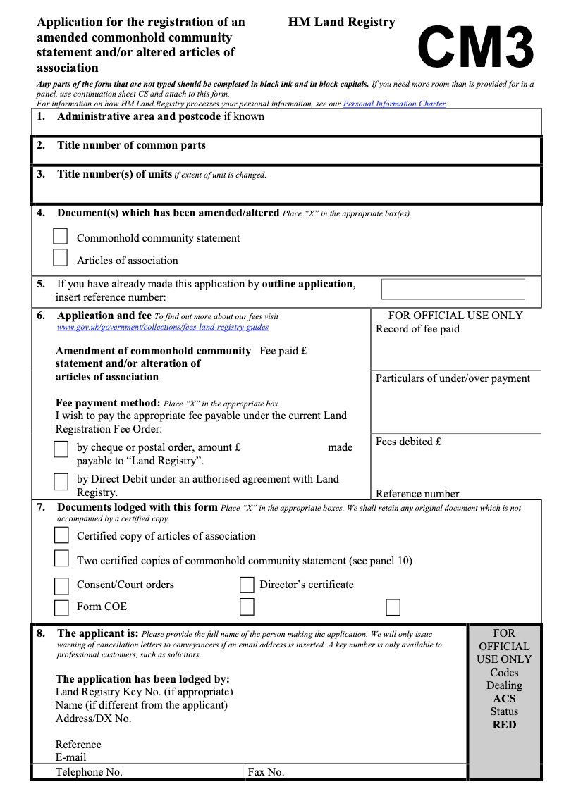 CM3 Application for the registration of an amended commonhold community statement and or altered articles of association preview