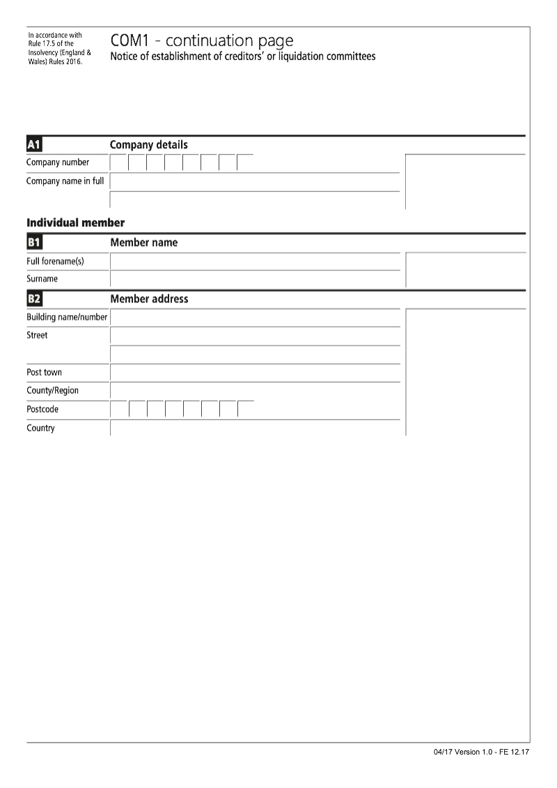 COM1 Continuation Page 1 Individual member continuation page COM1 Notice of establishment of creditors or liquidation committee preview