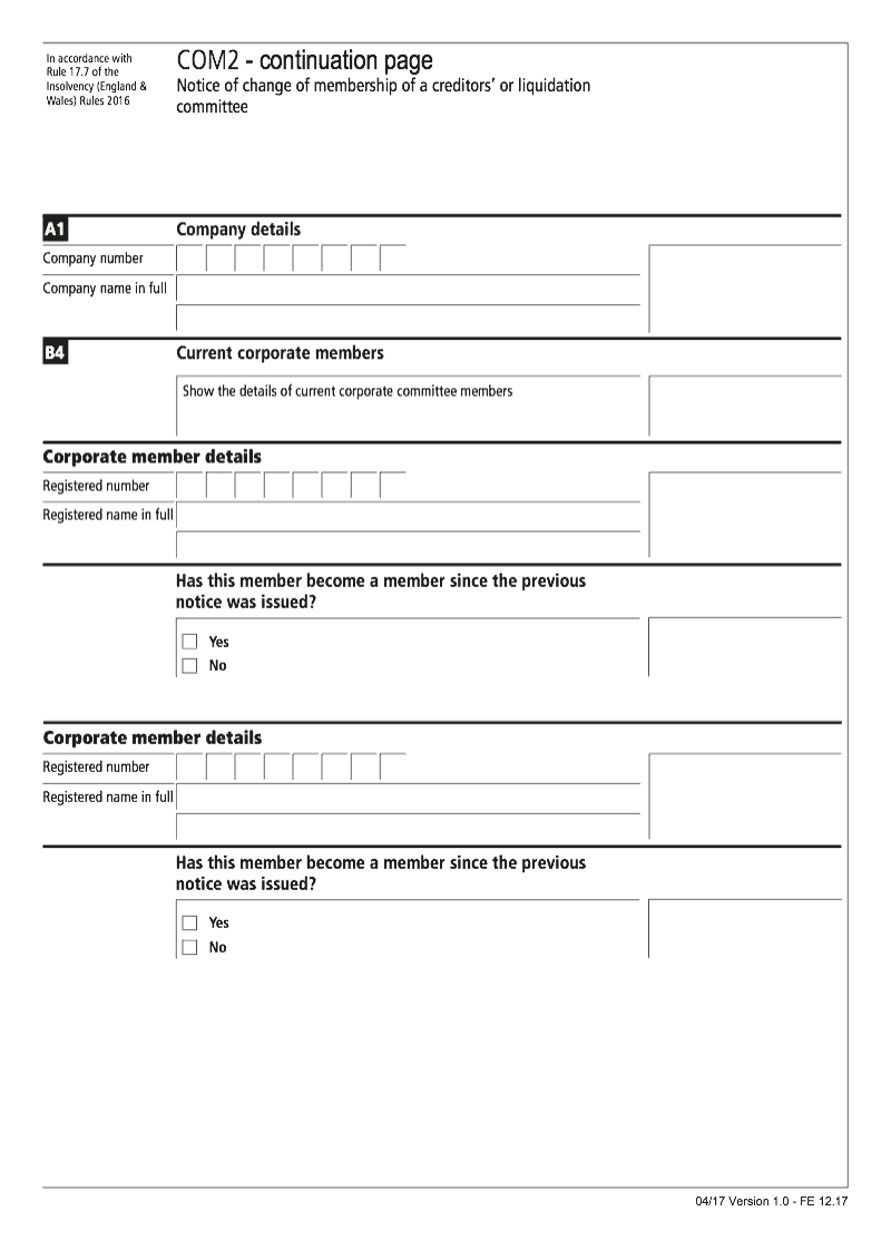 COM2 Continuation Page 2 Current corporate member continuation page COM2 Notice of change of membership of a creditors or liquidation committee preview