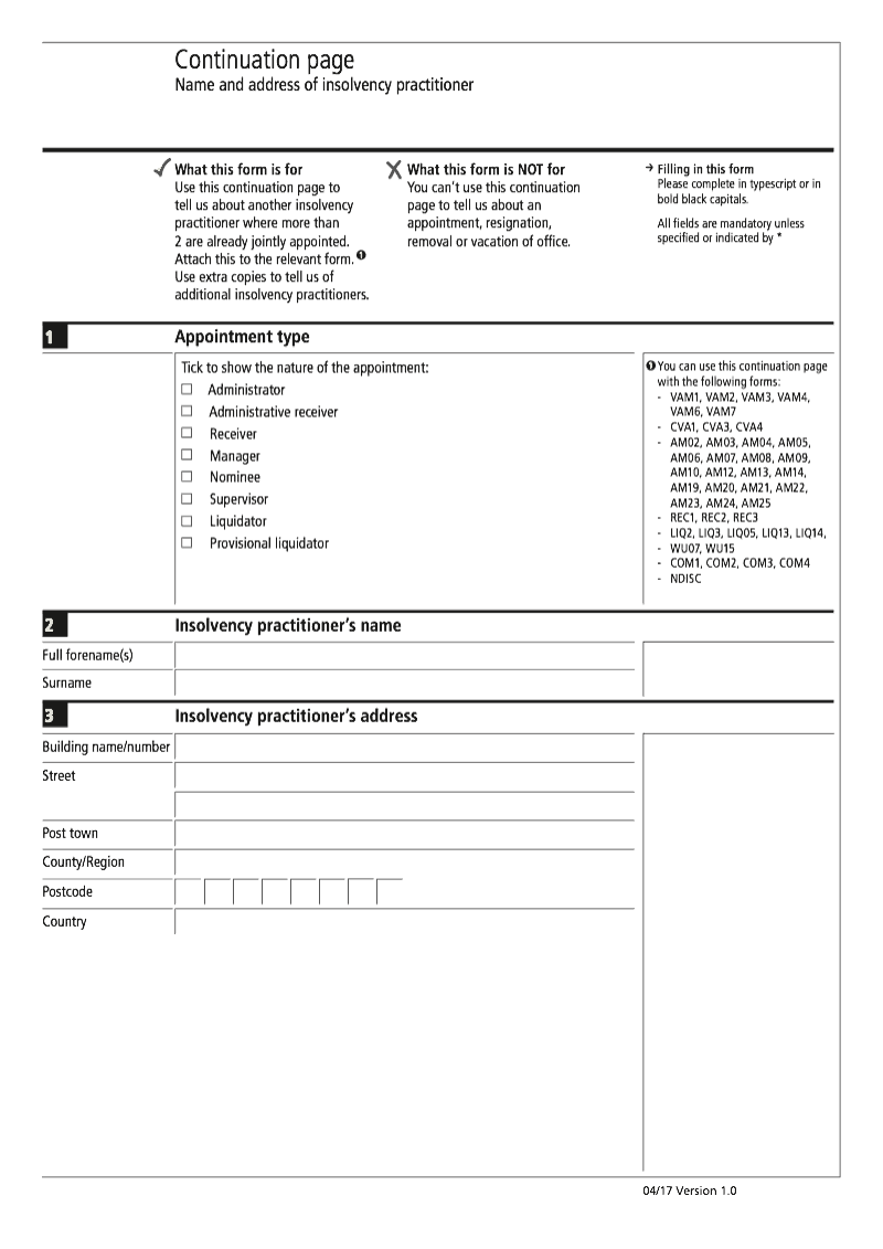 COM2 Continuation Page 5 Name and address of insolvency practitioner continuation page COM2 Notice of change of membership of a creditors or liquidation committee preview