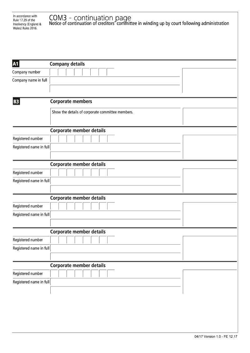 COM3 Continuation Page 2 Corporate member continuation page COM3 Notice of continuation of creditors committee in winding up by court following administration preview