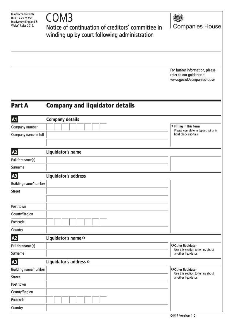COM3 Notice of continuation of creditors committee in winding up by court following administration Rule 17 29 preview