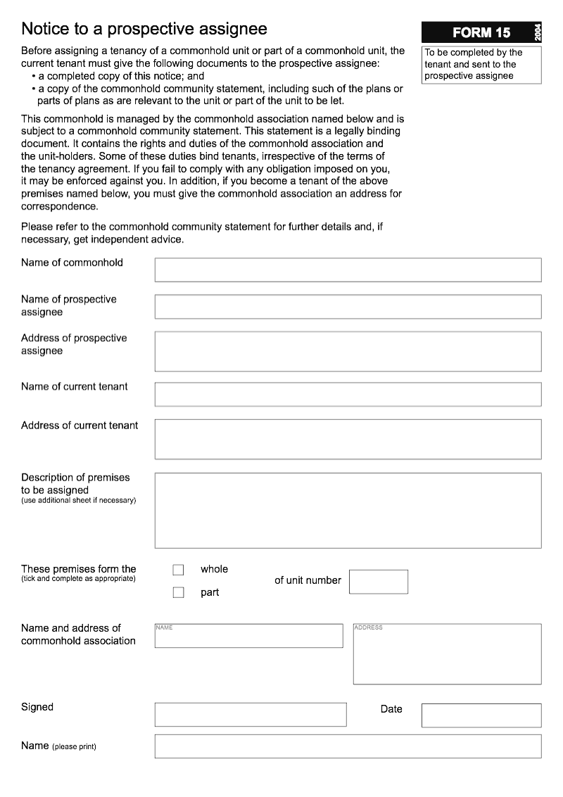 Commonhold 15 Notice to a prospective assignee Form 15 preview