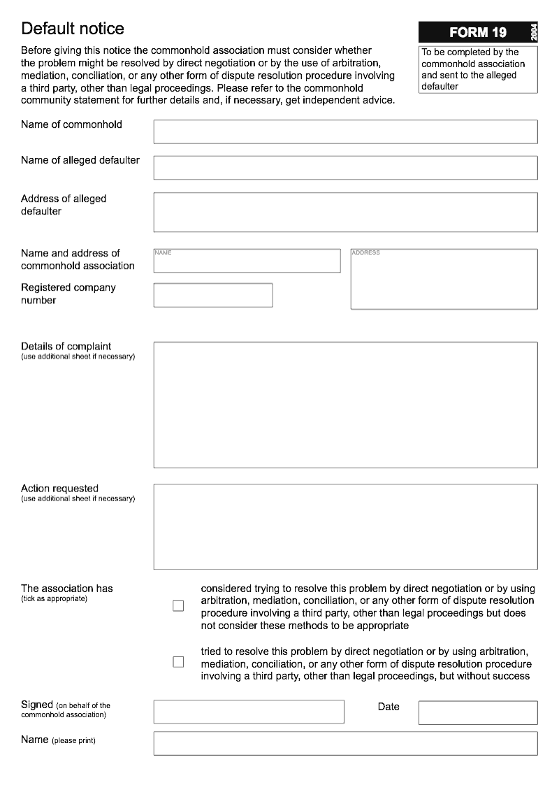 Commonhold 19 Default notice Form 19 preview