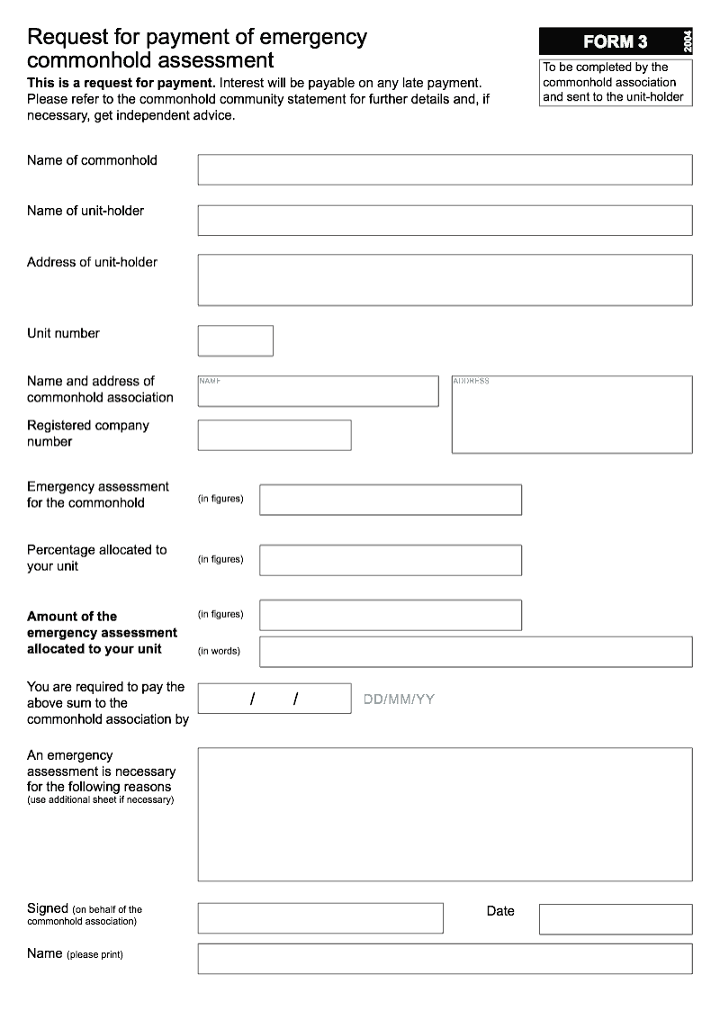 Commonhold 3 Request for payment of emergency commonhold assessment Form 3 preview