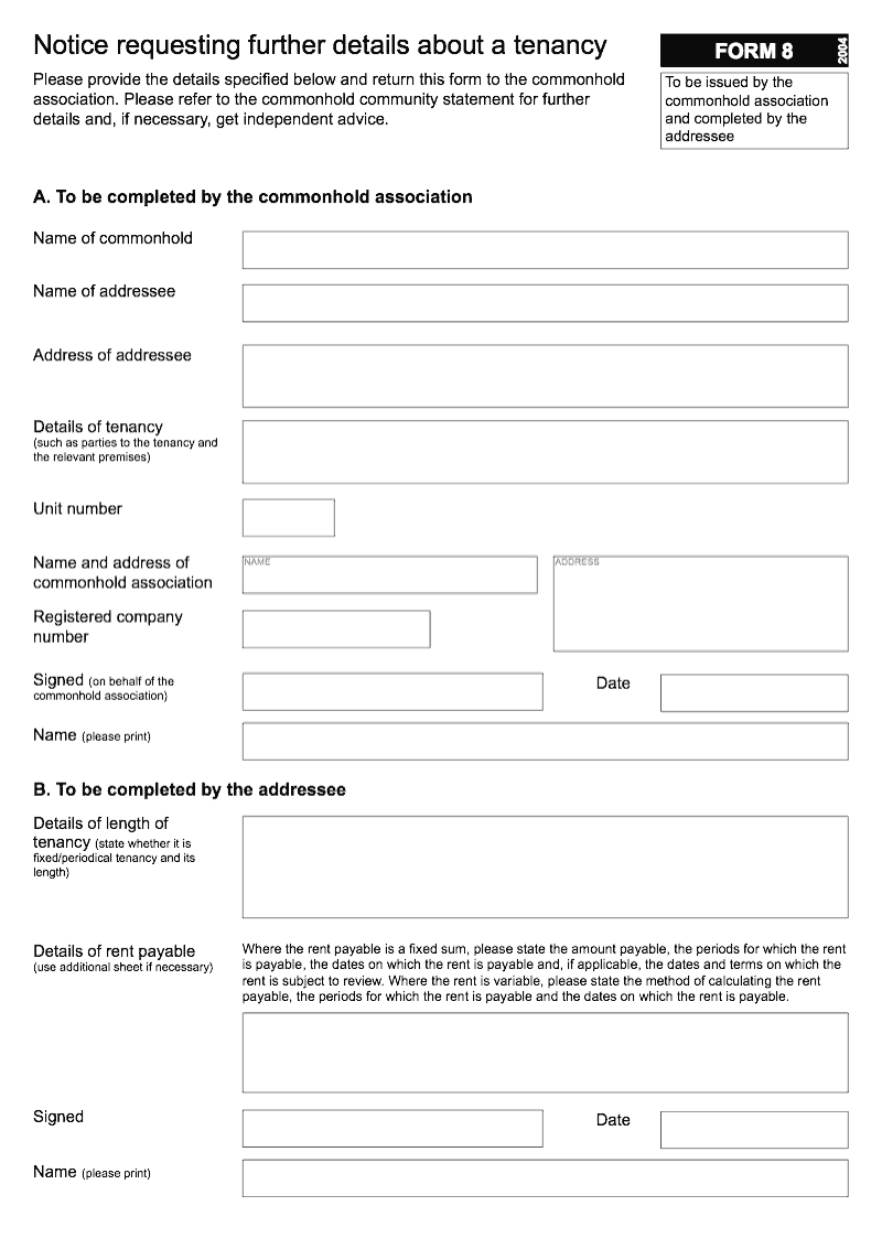 Commonhold 8 Notice requesting further details about a tenancy Form 8 preview