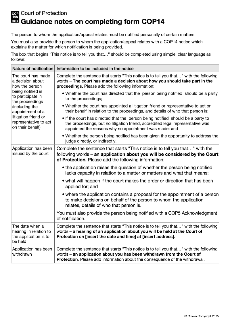 COP14A Guidance notes on completing form COP14 Proceedings about you in the Court of Protection preview