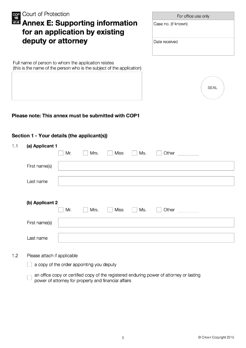 COP1E Annex E Supporting information for an application by existing deputy or attorney preview