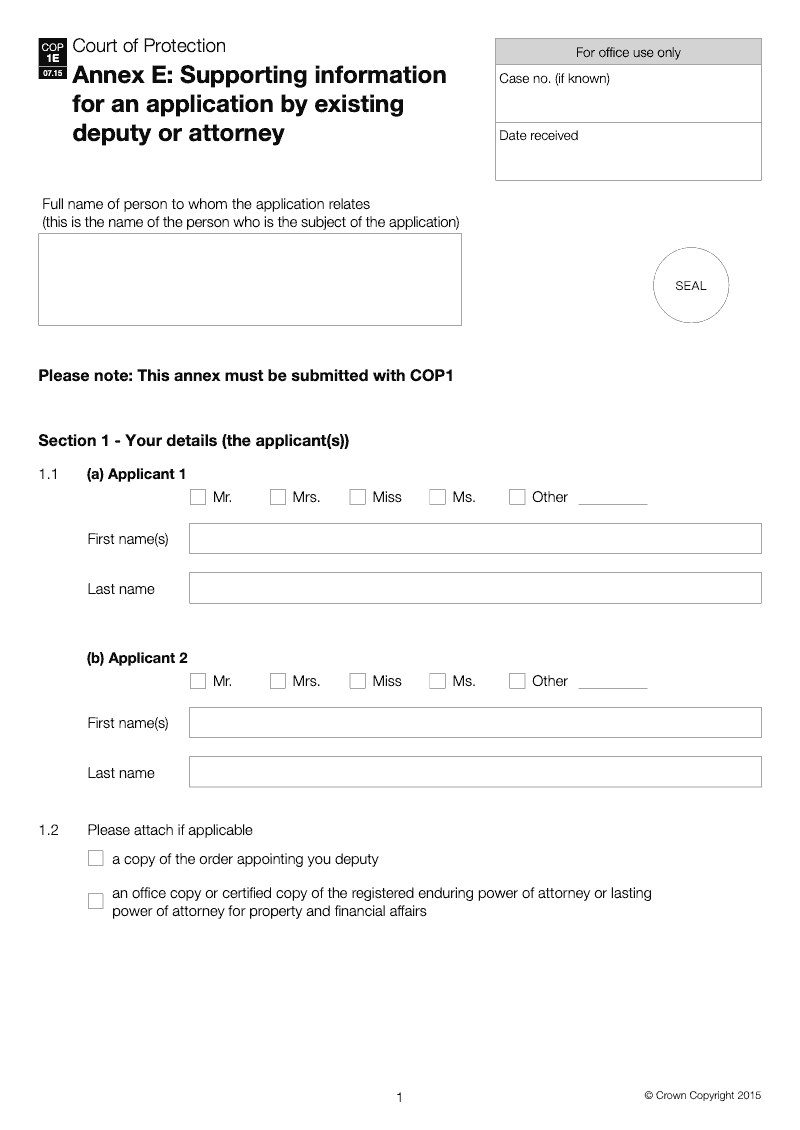 COP1E WF Annex E Supporting information for an application by existing deputy or attorney COP Workflow form only preview