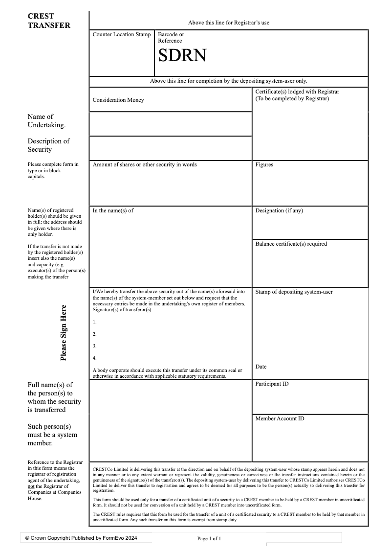 Crest Transfer Form Crest Transfer form Transfer of a certificated unit of a security to a CREST member preview
