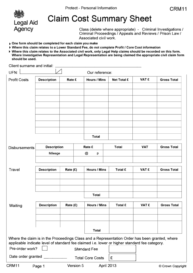 CRM11 Claim cost summary sheet preview