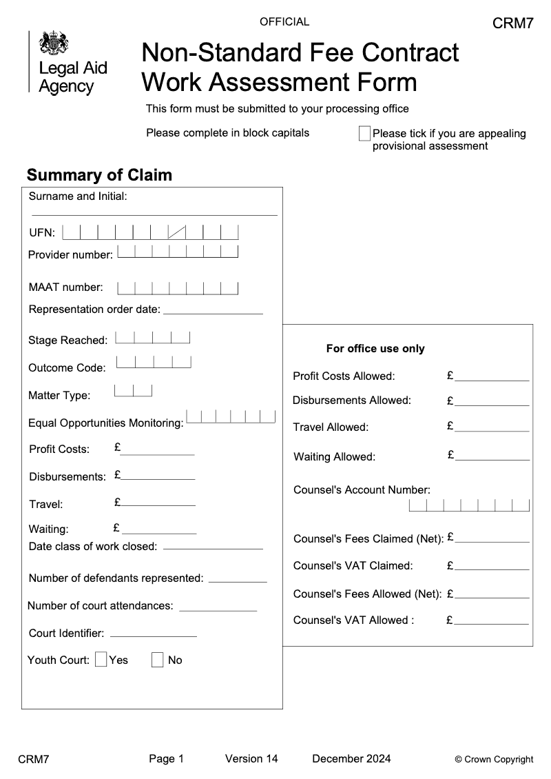 CRM7 Non standard fee contract work assessment form preview