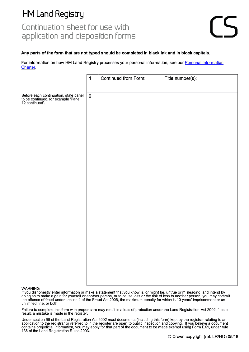 CS Continuation sheet for use with application and disposition forms Land Registry forms only preview