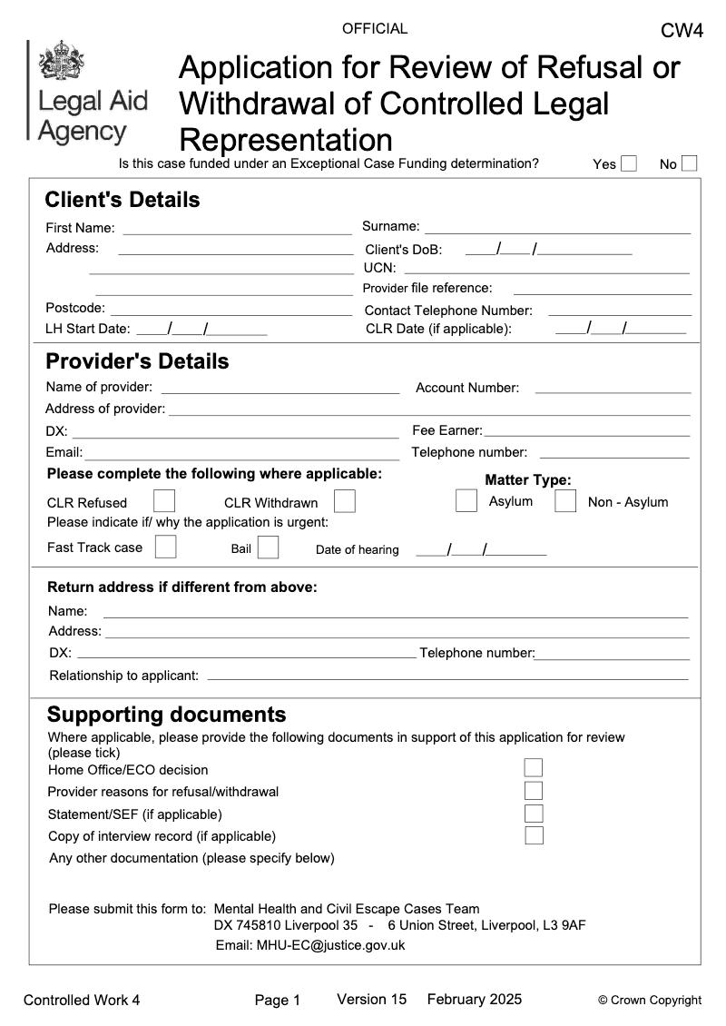 CW4 Application for Review of Refusal or Withdrawal of Controlled Legal Representation preview