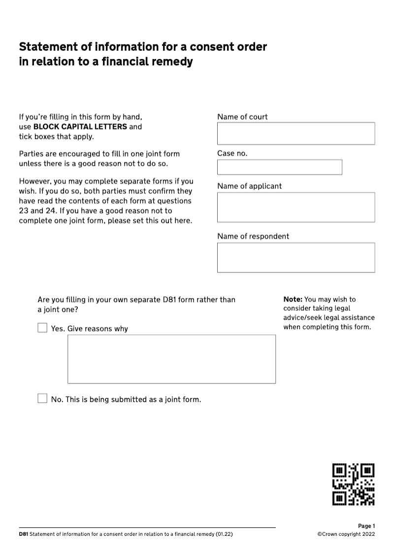 D81 PreApril 2022 Statement of information for a consent order in relation to a financial remedy pre April 2022 version electronic signature available preview