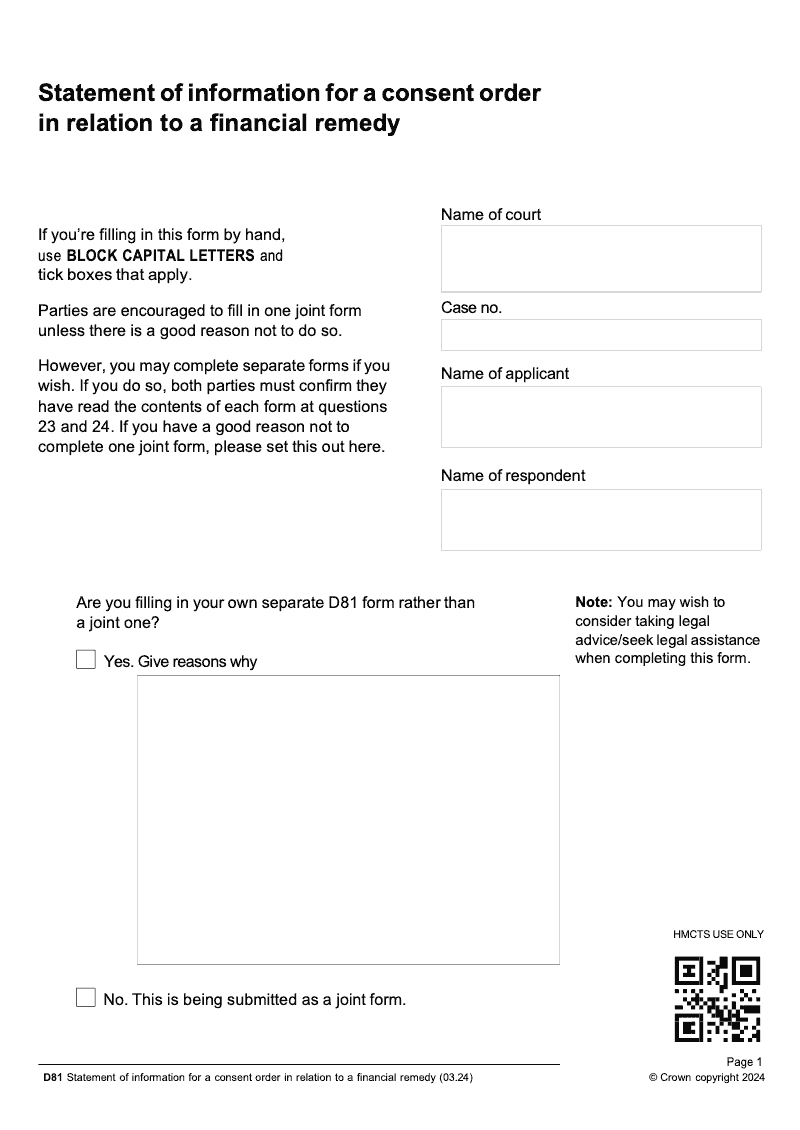 D81 Statement of information for a consent order in relation to a financial remedy DIV32 electronic signature available preview