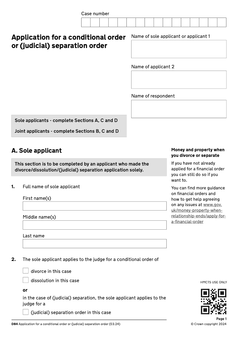 D84 Application for a conditional order or judicial separation order electronic signature available DIV33 preview