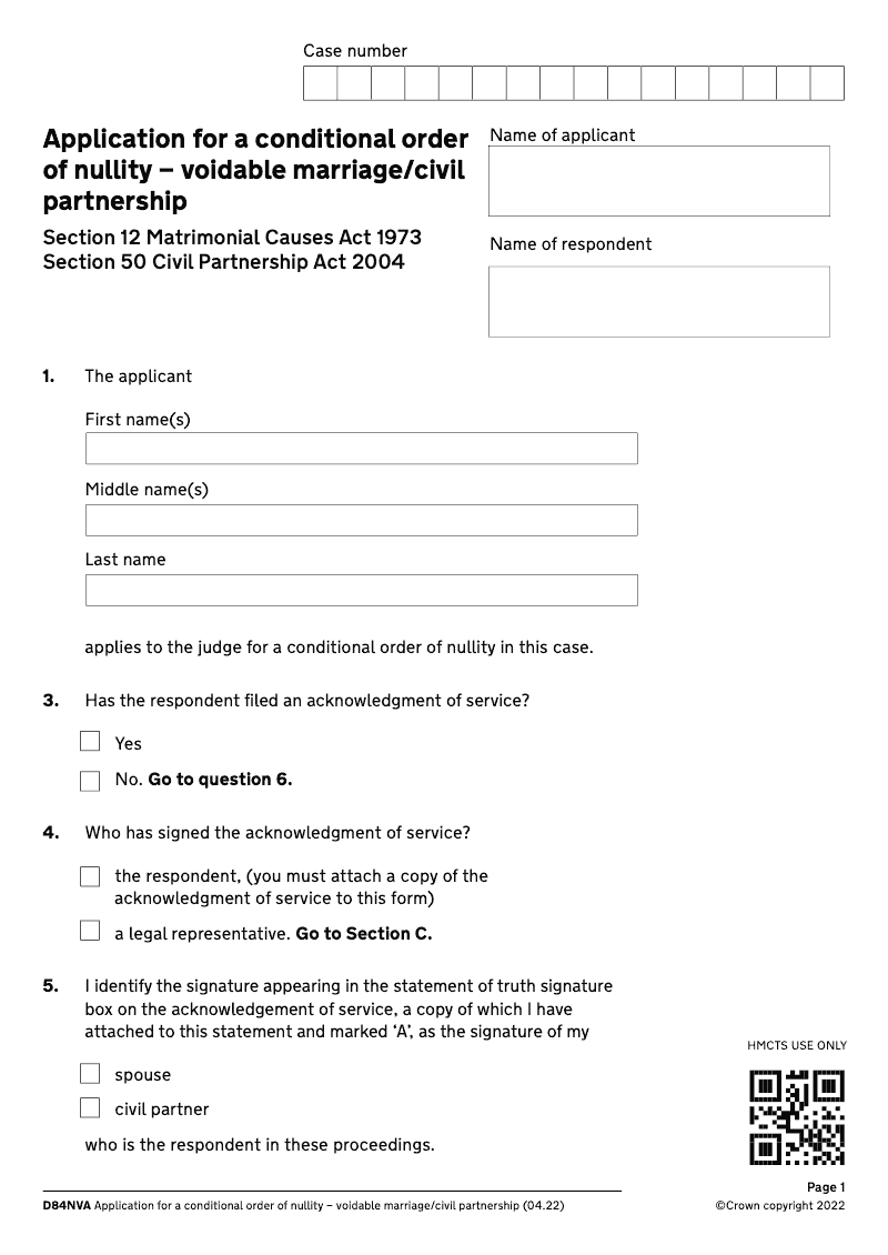 D84NVA Application for a conditional order of nullity voidable marriage civil partnership section 12 section Section 50 electronic signature available preview