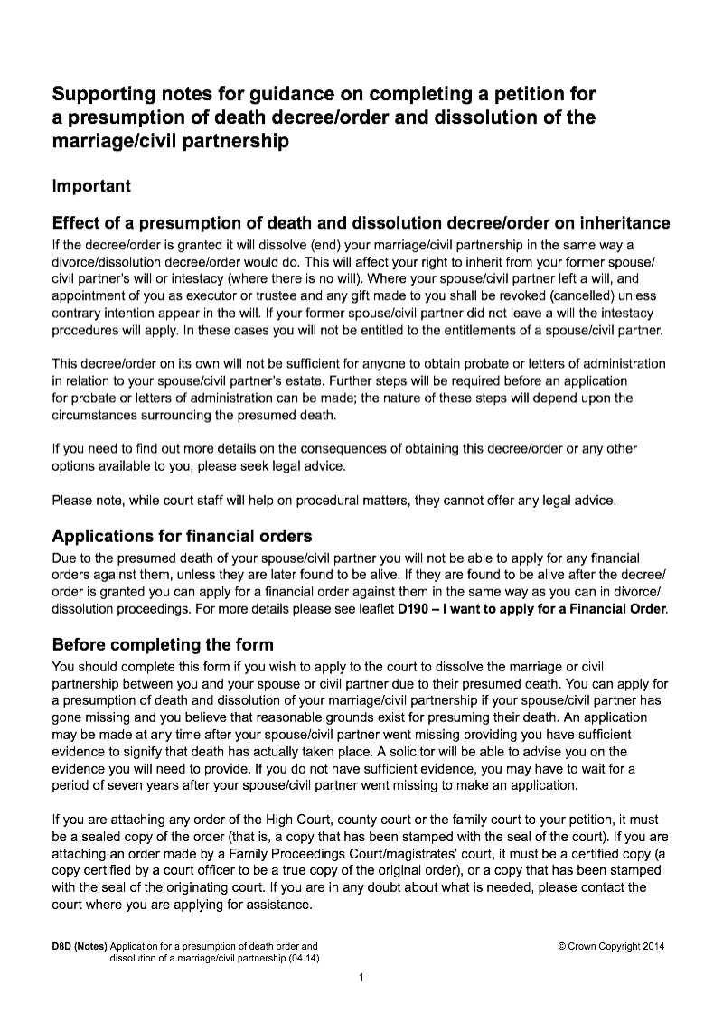 D8D Notes Supporting notes for guidance on completing a petition for a presumption of death decree order and the dissolution of the marriage civil partnership preview