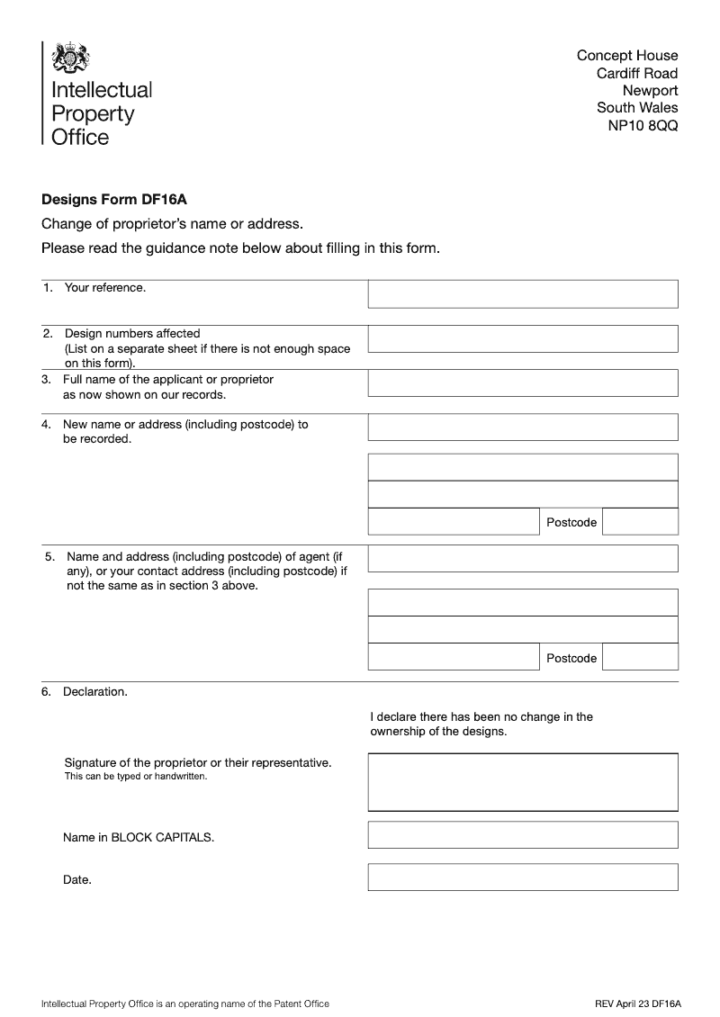 DF16A Change of proprietor s name or address preview