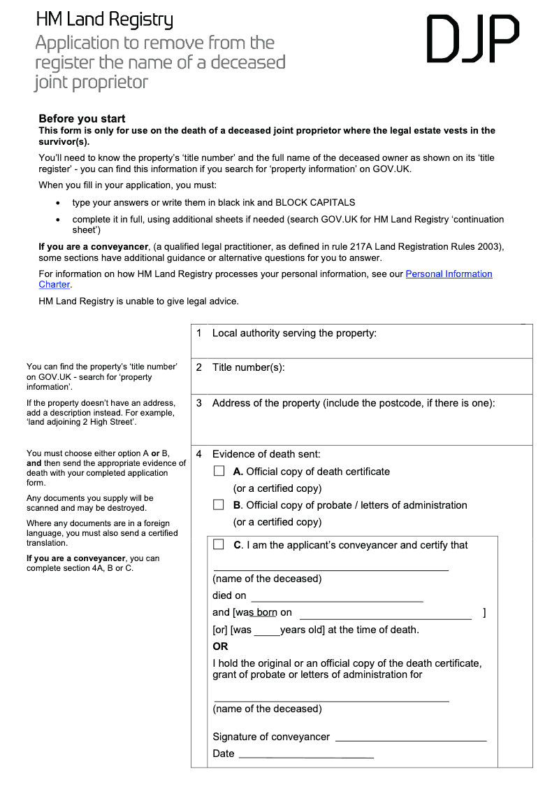 DJP Application to remove from the register the name of a deceased joint proprietor preview