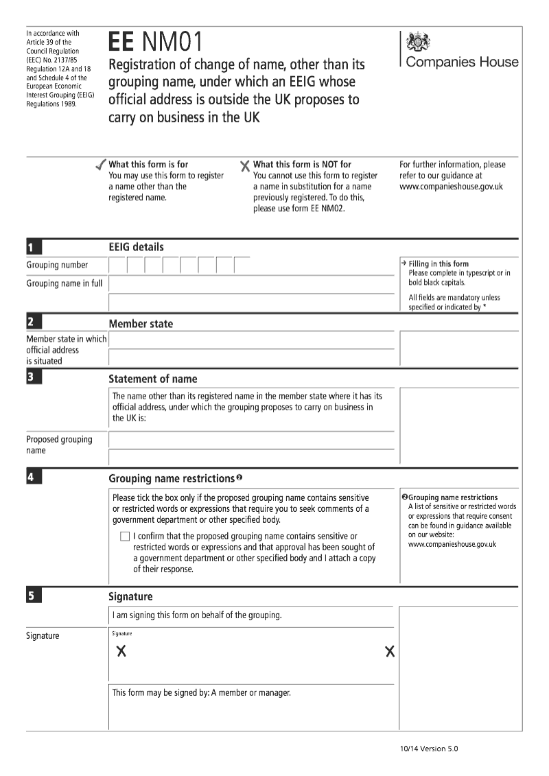 EE NM01 Statement of name other than registered name under which an EEIG whose official address is outside the UK proposes to carry on business in the UK preview