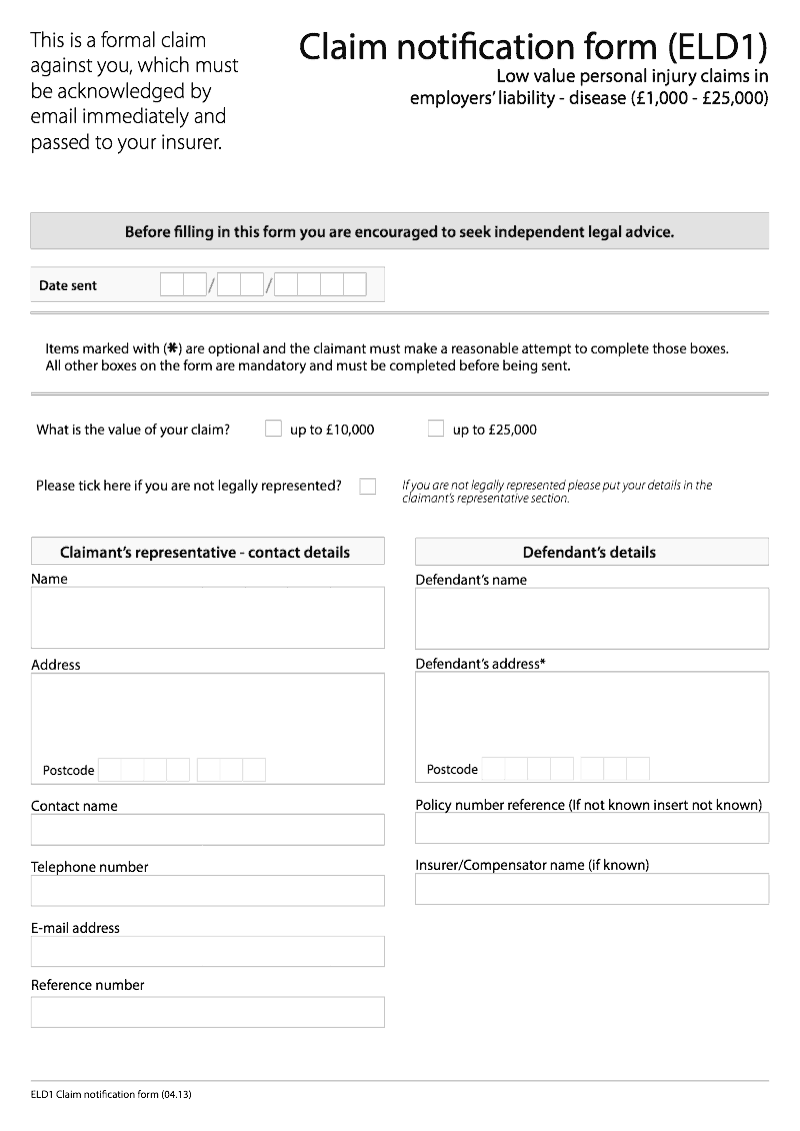 ELD1 Claim notification form ELD1 Low value personal injury claims in employers liability disease preview