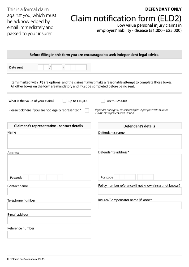 ELD2 Claim notification form ELD2 Low value personal injury claims in employers liability disease preview