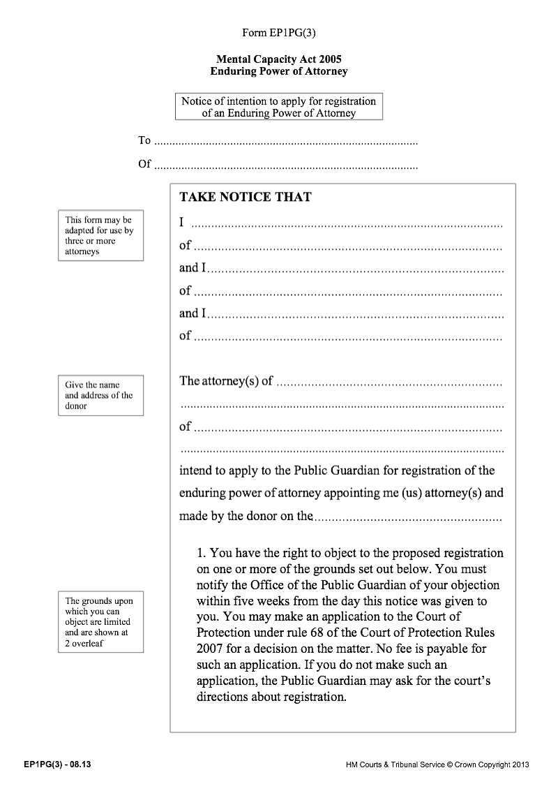 EP1PG 3 Notice of intention to apply for registration of an Enduring Power of Attorney Modified for 3 Attorneys preview