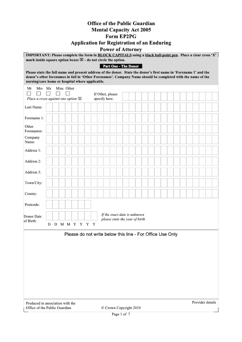 EP2PG Application for Registration of an Enduring Power of Attorney preview