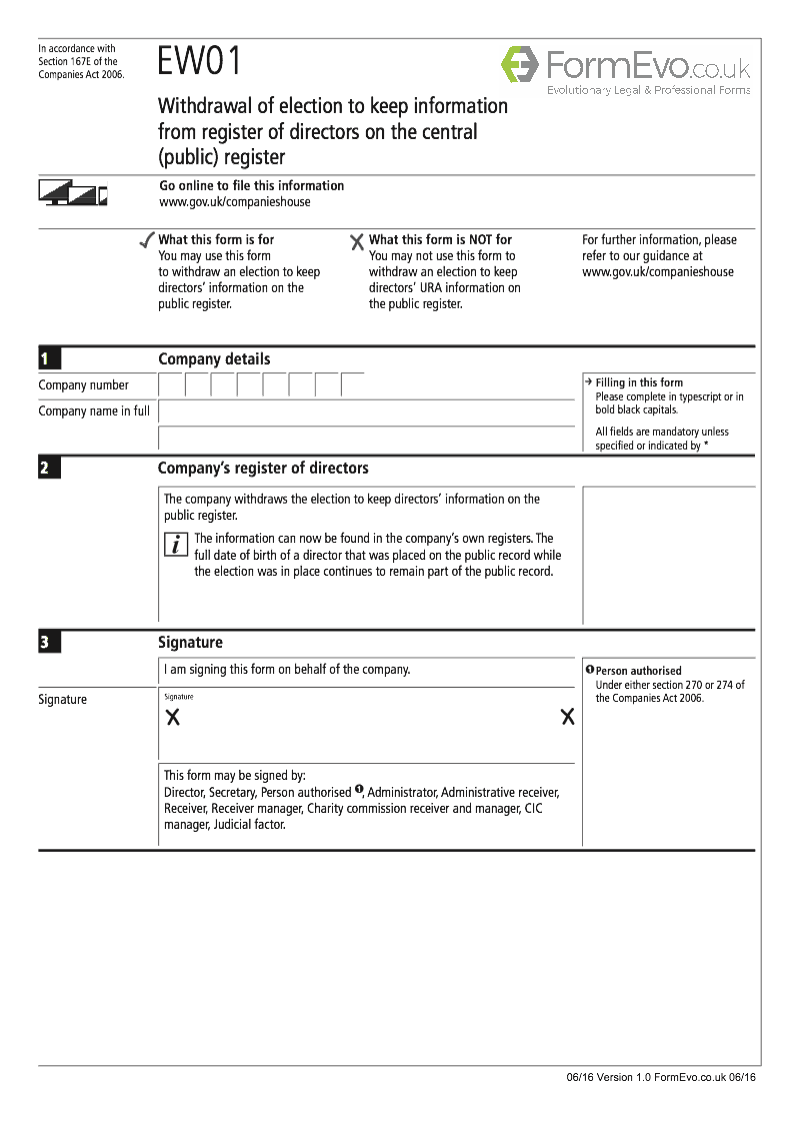 EW01 Withdrawal of election to keep information from register of directors on the central public register Section 167E of the Companies Act 2006 preview