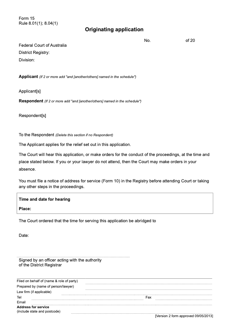 FCA FORM15 Originating application Rule 8 01 8 04 1 preview