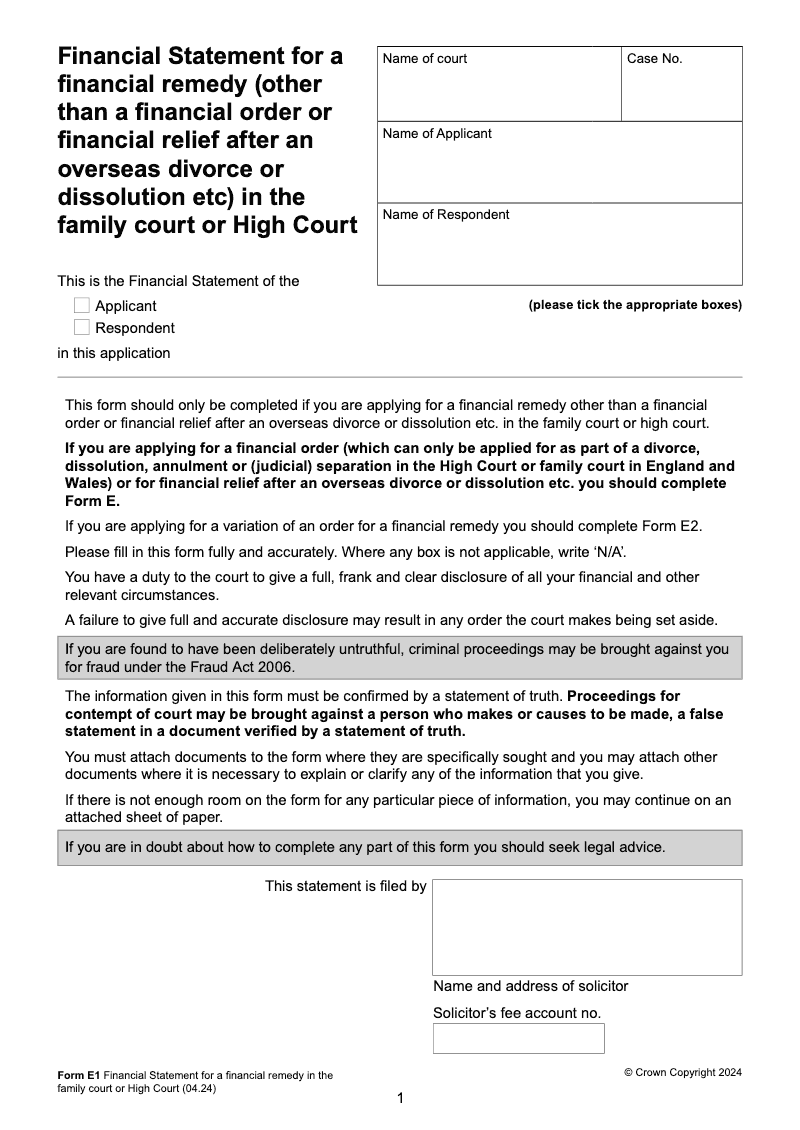 Form E1 Financial Statement for a financial remedy other than a financial order or financial relief after an overseas divorce or dissolution etc in the family court or High Court preview