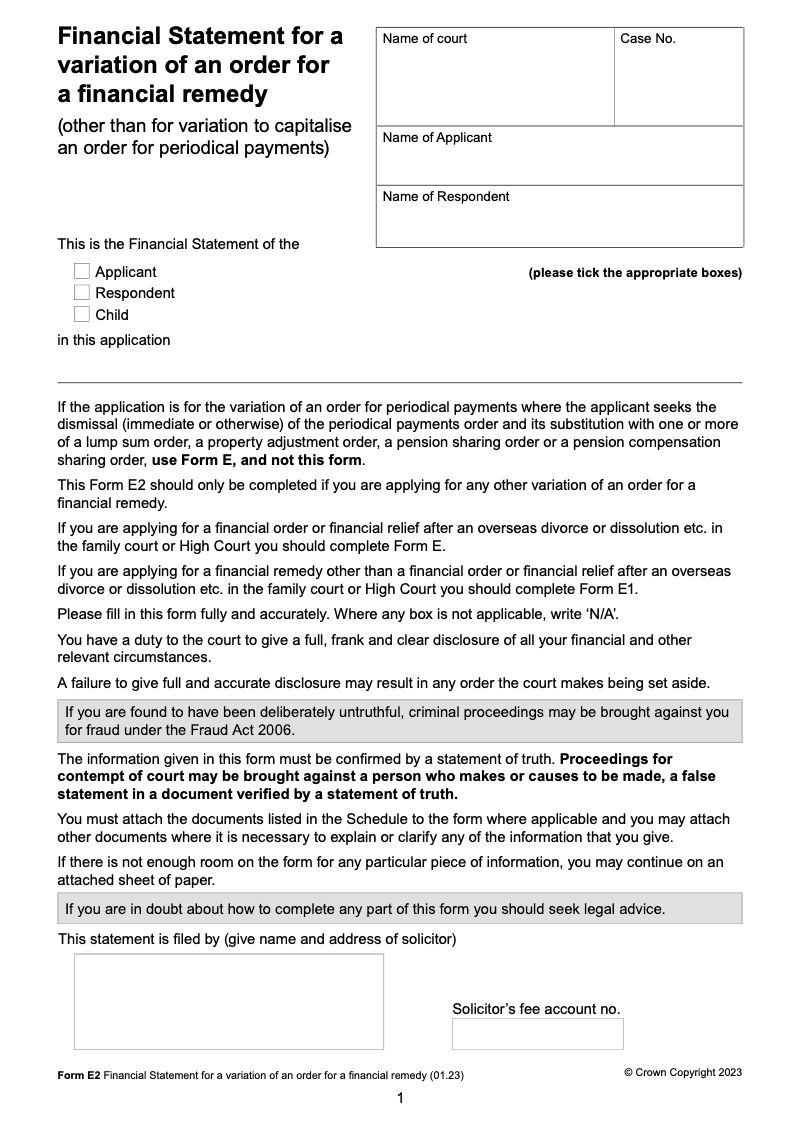 Form E2 Financial Statement for a variation of a order for a financial remedy preview